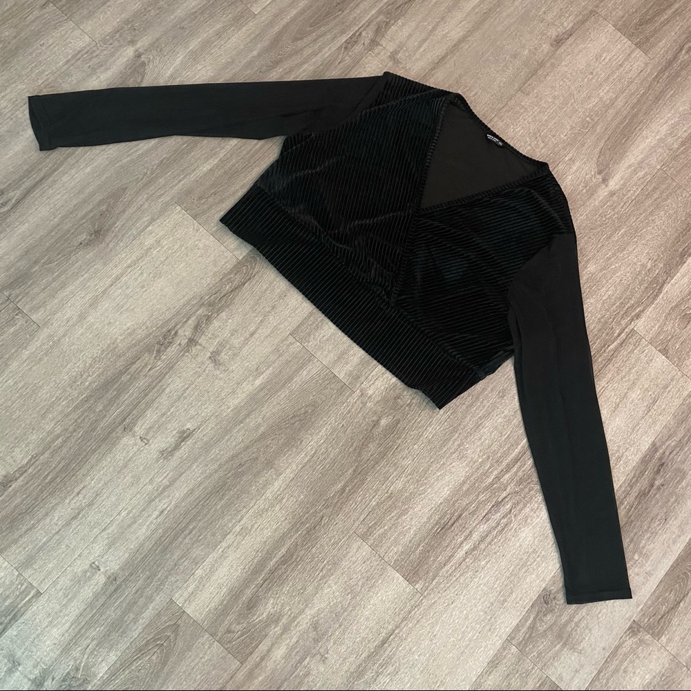 SHEIN Curve black v neck mock wrap top with sheer long sleeves